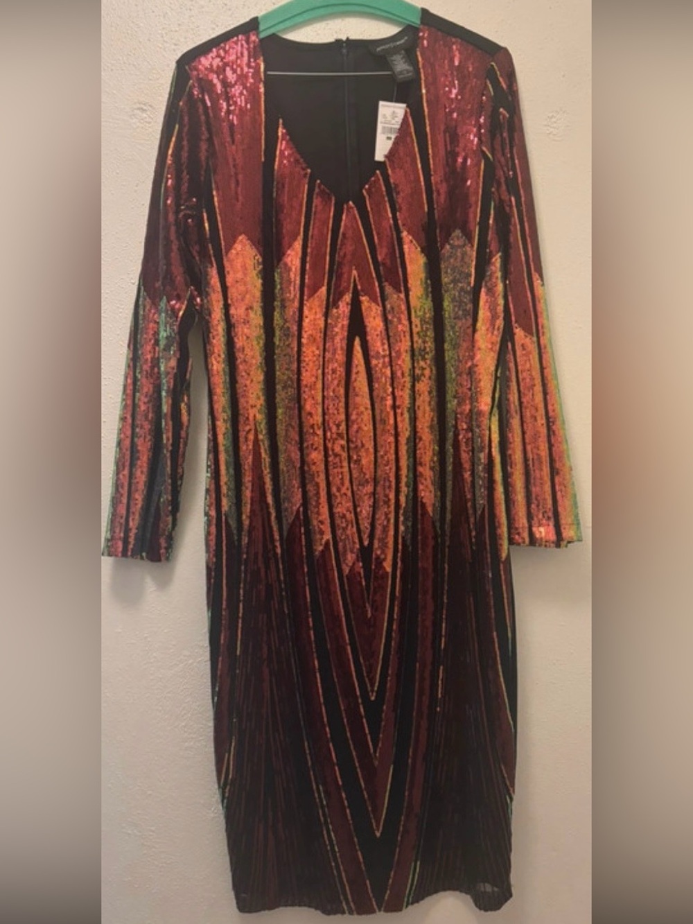Ashley Stewart Sequined Long Sleeve V-Neck Dress in Red and Orange